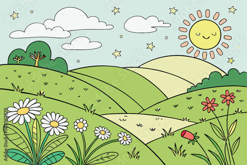 55 Cartoon landscape, vibrant colors, rolling green hills, blooming wildflowers, bright yellow sun, radiating sunbeams, fluffy white clouds, blue sky, starry daytime, cheerful atmosphere, 2D illustrat