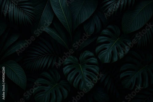 Lush Tropical Leaves Creating a Dramatic Dark Backdrop in a Botanical Setting