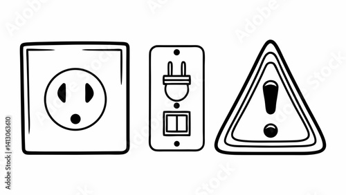 "Simple line art icon pack with power outage symbol, electrical socket, and circuit breaker — modern design with editable stroke, intended for tech apps or maintenance guides."