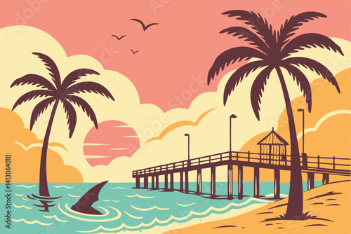 56 Tropical beach scenes, vibrant sunset colors, palm trees, wooden pier, calm ocean waters, cartoon style illustration, bright sun, fluffy clouds, island landscape, shark fin, sandy shores, tranquil 