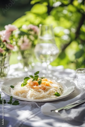 elegant summer dining scene with a dish of pasta and salmon garnished with fresh herbs on sunlit table. serene outdoor lunch setting. gourmet meal, al fresco dining, food photography.