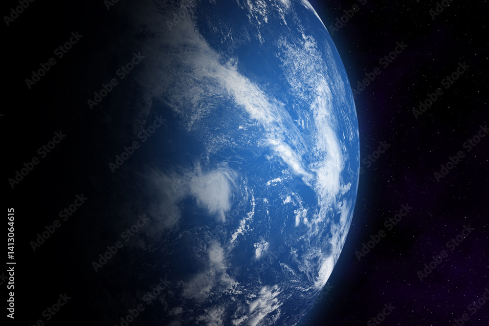 Blue planet Earth. Space wallpaper with Earth in outer space. The planet appearing from the darkness of outer space. Alien ocean planet habitable.