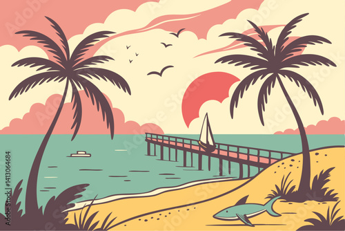56 Tropical beach scenes, vibrant sunset colors, palm trees, wooden pier, calm ocean waters, cartoon style illustration, bright sun, fluffy clouds, island landscape, shark fin, sandy shores, tranquil 