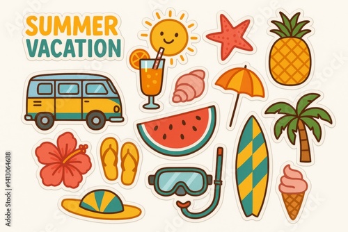 Fun Summer Vacation Stickers Depicting Tropical Elements and Leisure Activities