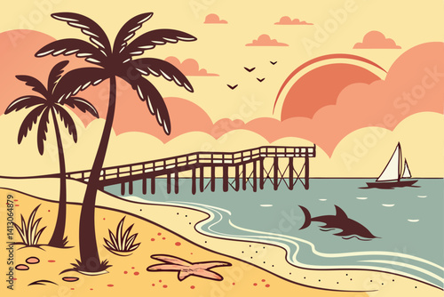56 Tropical beach scenes, vibrant sunset colors, palm trees, wooden pier, calm ocean waters, cartoon style illustration, bright sun, fluffy clouds, island landscape, shark fin, sandy shores, tranquil 