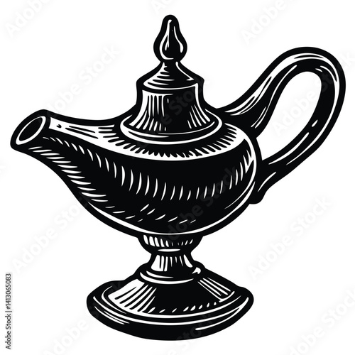 Isolated on black, an antique oil lamp with a bronze finish evokes tales of Aladdin and ancient magic