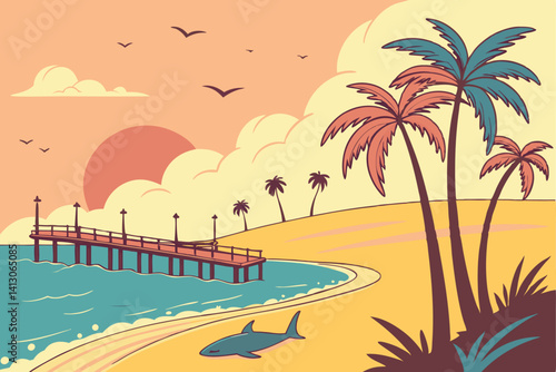56 Tropical beach scenes, vibrant sunset colors, palm trees, wooden pier, calm ocean waters, cartoon style illustration, bright sun, fluffy clouds, island landscape, shark fin, sandy shores, tranquil 