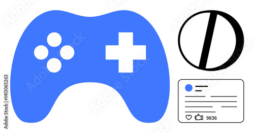 Blue gaming controller, circular design element, social media post with thumbs ups and comments. Ideal for gaming, social media, entertainment, connectivity, digital interaction, technology concept