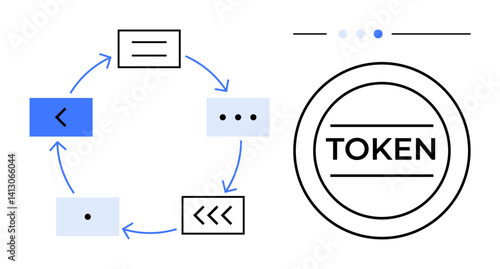 Circular diagram with arrows connecting rectangular nodes, a bold token icon on the side. Ideal for blockchain, cybersecurity, process flow, data exchange, software design, tokenization, simple