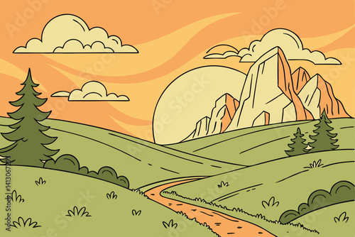 57 Cartoon landscape, vibrant sunset sky, orange and yellow gradient, large sun, fluffy clouds, green rolling hills, winding dirt path, rocky mountain peaks, evergreen trees, minimalist style, flat co