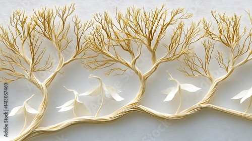 Stylized golden trees with white leaves against a textured white background