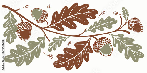 Autumn Oak Branch with Acorns Nature Illustration