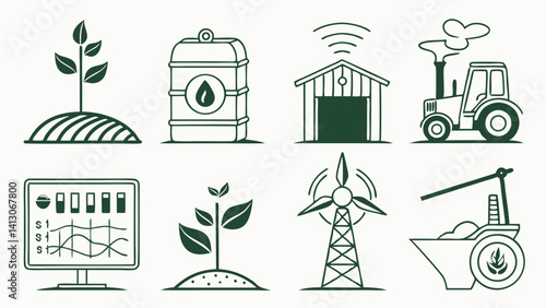 Sustainable Agriculture Icons Farming, Technology, and Renewable Energy Illustrations