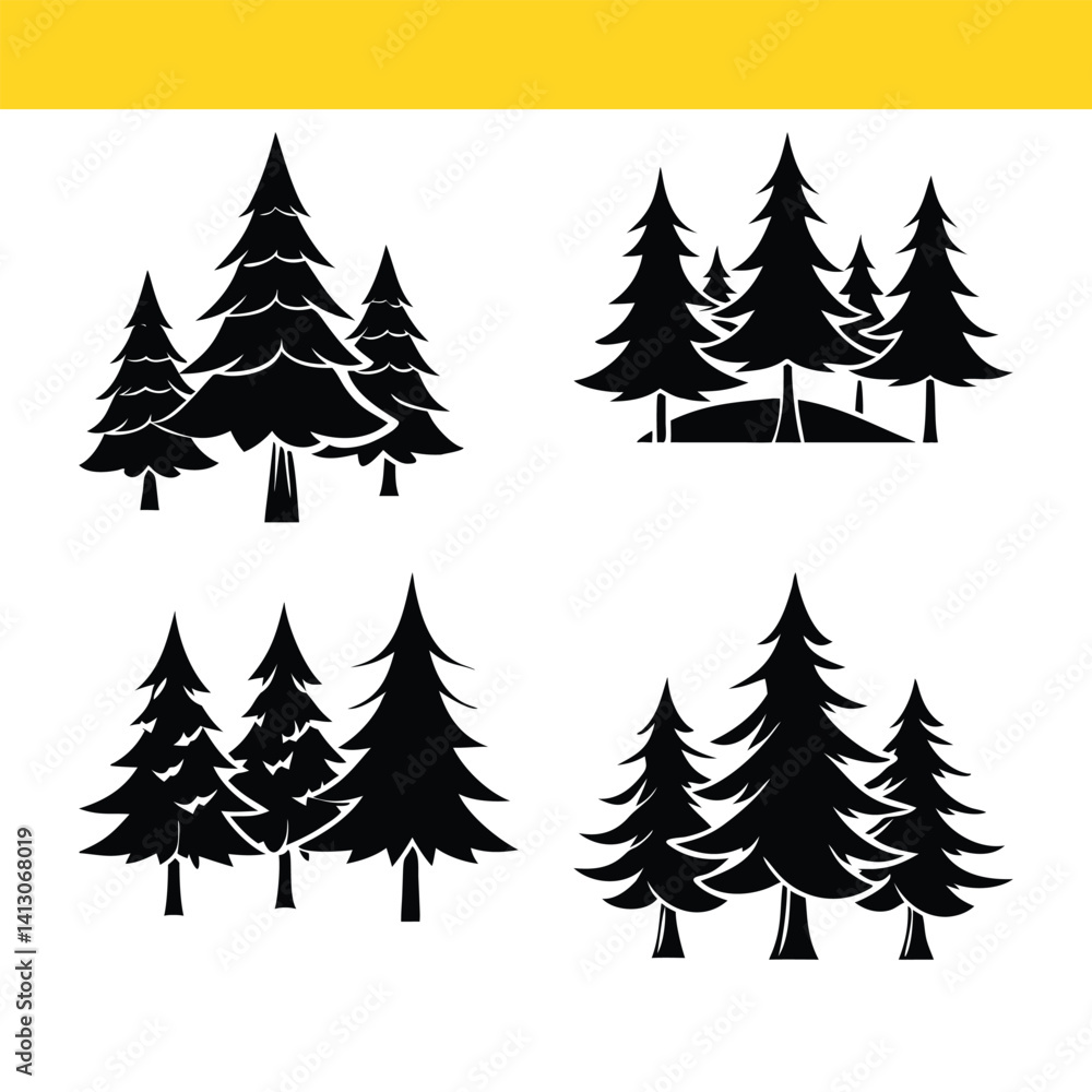Obraz premium Seamless illustration of a set of Christmas trees in a snowy winter forest, decorated with holiday ornaments, featuring pine and fir trees, perfect for the Christmas season and festive celebrations