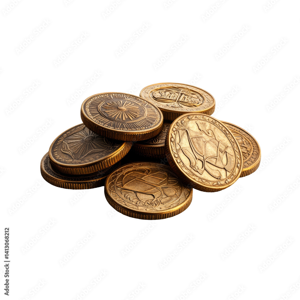 Antique gold coins displayed in a stack with detailed historical designs and intricate symbols Antique gold coins displayed in a stack with detailed historical designs and intricate symbols