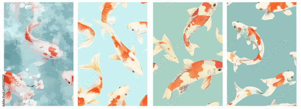Vector pattern set of a koi fish swimming across a soft pastel blue background Vector pattern set of a koi fish swimming across a soft pastel blue background