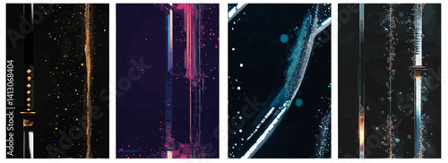 Vector pattern set of a sleek modern katana dripping with digital particles background