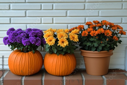 Colorful Flowers in Pumpkin Planters on a Brick Porch During Autumn