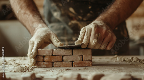 Obraz na płótnie Skilled builder applying mortar with pan knife, laying bricks precisely w salonie