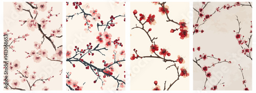 Vector pattern set of a soft plum blossom branch reaching across a cream background