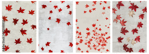 Vector pattern set of sparse falling maple leaves in red on a light gray background