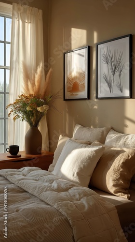Cozy Bedroom With Warm Lighting and Stylish Decor at Sunset
