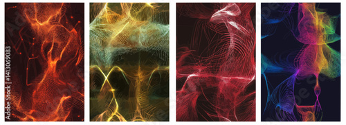 Vector pattern set of a stylized fox spirit made of laser light lines background
