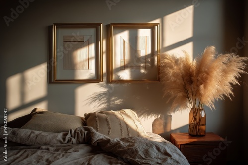 Obraz na płótnie Cozy Bedroom With Warm Lighting and Decorative Elements in a Serene Setting w salonie