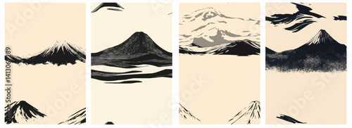 Vector pattern set of a thin minimalist Mount Fuji silhouette in black on a cream background