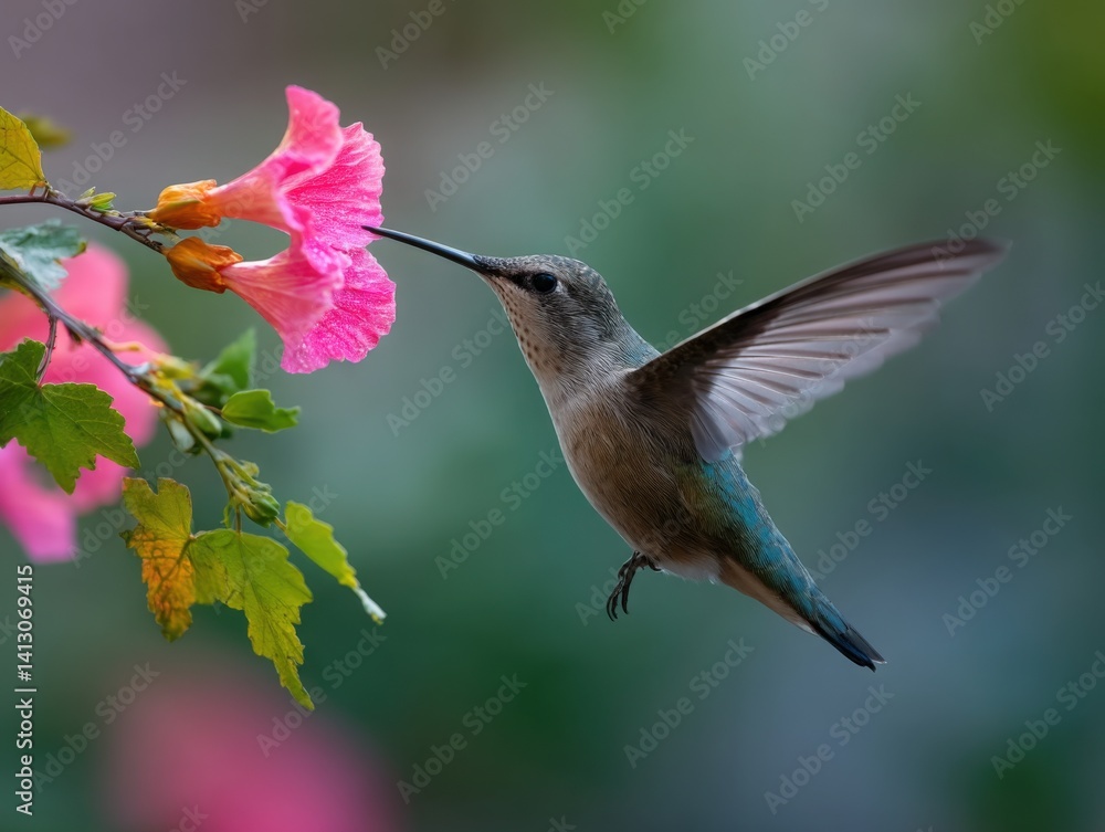 Fototapeta premium Graceful hummingbird feeding on a vibrant pink flower in mid-flight, symbolizing natures beauty and delicate balance. Ideal for wildlife documentaries, nature blogs, and conservation campaigns.