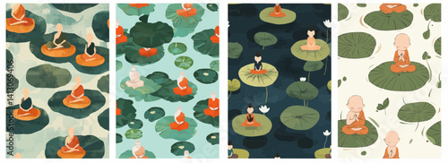 Vector pattern set of tiny monks meditating on floating lotus pads background