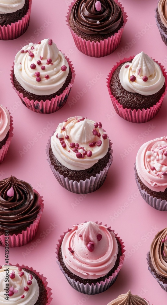 Variety of Gourmet Cupcakes with Creamy Frosting and Colorful Sprinkles on Pink Surface Variety of Gourmet Cupcakes with Creamy Frosting and Colorful Sprinkles on Pink Surface
