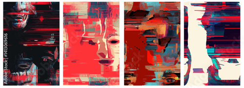 Vector pattern set of a traditional mask with animated glitch effects background