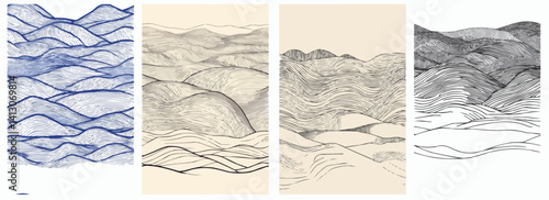 Vector pattern set of very thin lines in a landscape of rolling Japanese hills background green
