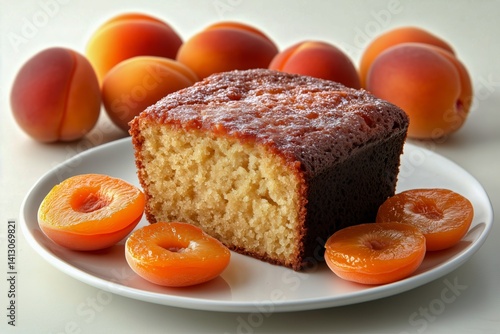 Delicious Apricot Cake Served With Fresh Apricot Halves on a Plate