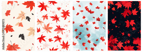 Vector pattern set of vibrant red maple leaves raining from the sky background