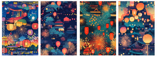 Vector pattern set of vibrant festival scene with lanterns and fireworks background