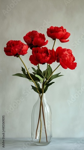 Bright Red Peonies in a Clear Vase on a Sunlit Table With Soft Shadows