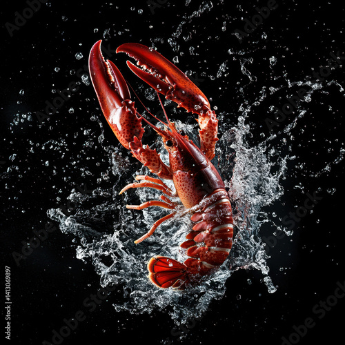 Product photography, an Australian lobster in the air, surrounded by water, a pure black background Generative AI	
