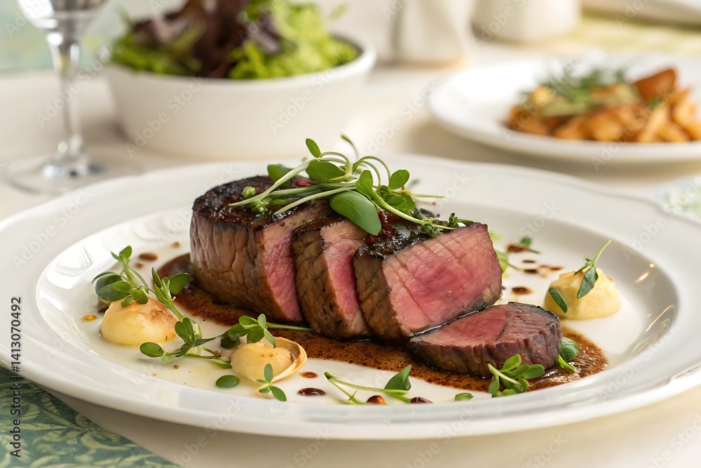 Elegantly Presented Plate of Cooked Meat with Fresh Herbs on White Tablecloth Warm Earthy Tones, Shallow Depth of Field, and Sophisticated Lighting Elegantly Presented Plate of Cooked Meat with Fresh Herbs on White Tablecloth Warm Earthy Tones, Shallow Depth of Field, and Sophisticated Lighting
