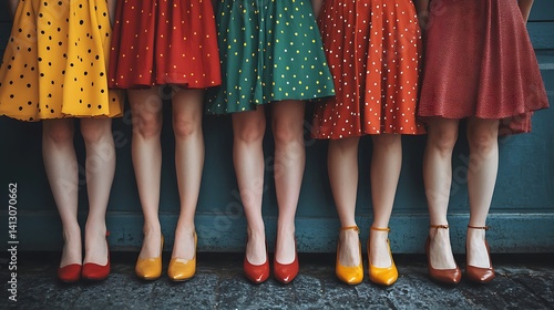 Retro-inspired polka dot dresses and matching high heels in row. Playful, coordinated fashion look full of vintage charm. Celebrating individuality and fun style on National Dress Day