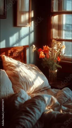 Warm Sunlight Streams Through Window Illuminating Flowers on Bedside Table in...