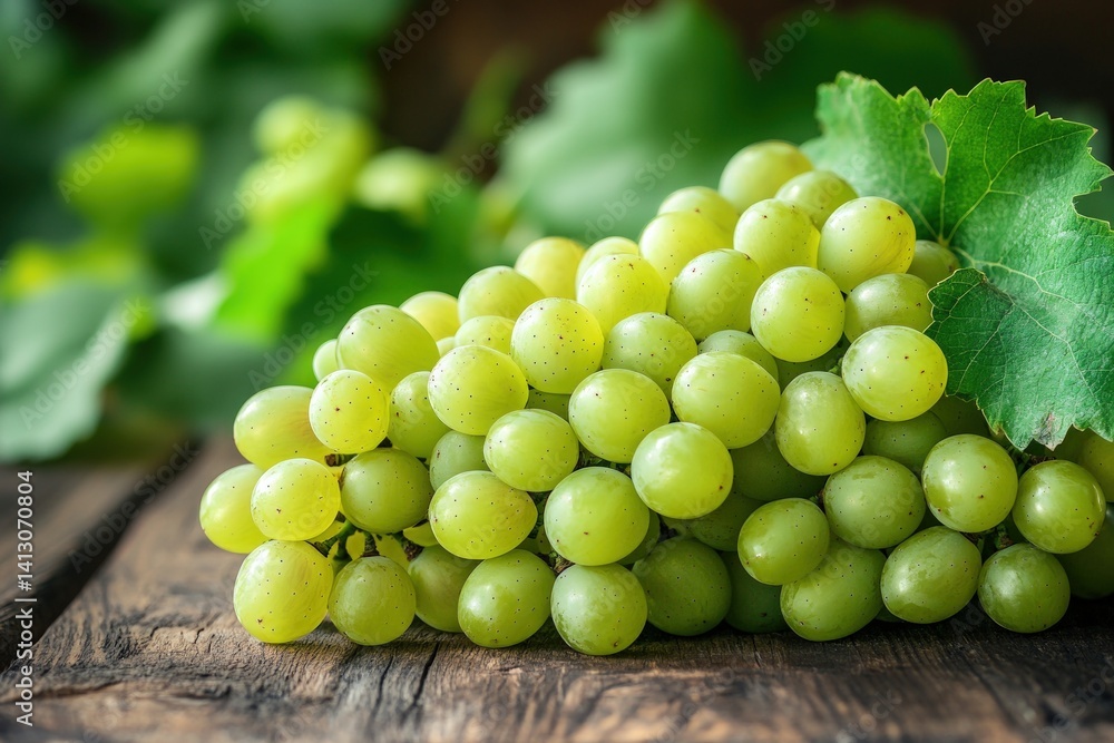 Fresh green grapes cluster on wooden surface Fresh green grapes cluster on wooden surface