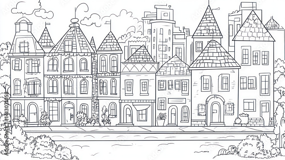 Black and white sketch of European cityscape Black and white sketch of European cityscape