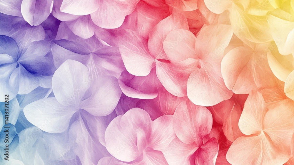 Fototapeta premium Delicate petals in shades of pink, purple, and yellow create a vibrant floral background, evoking a sense of beauty and tranquility. The soft colors blend seamlessly, enhancing visual appeal