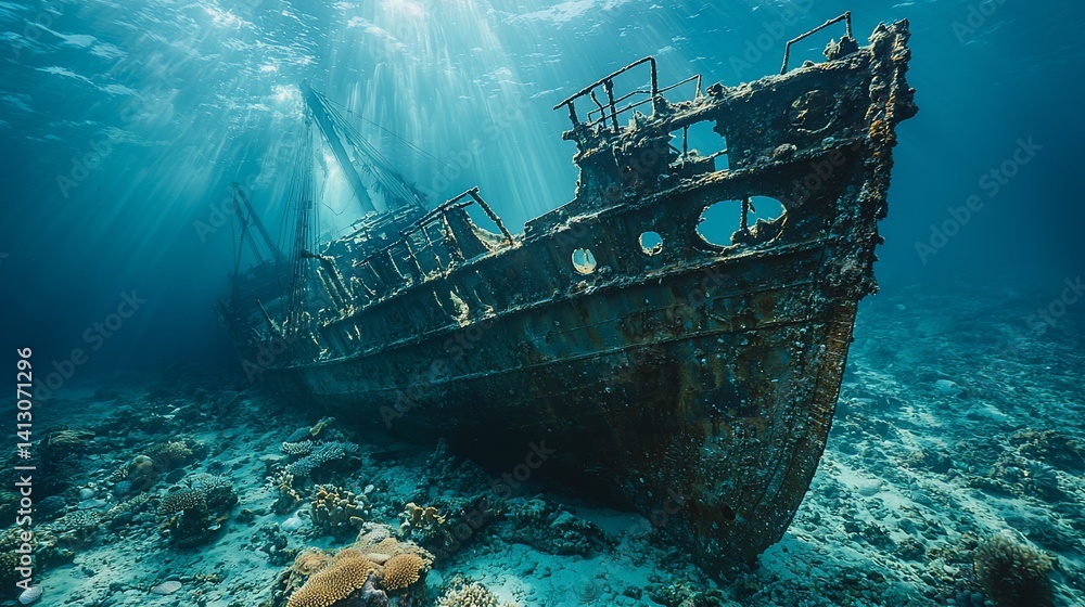 Sunbeams pierce the turquoise water, illuminating a rusty, sunken ship resting on a coral reef Sunbeams pierce the turquoise water, illuminating a rusty, sunken ship resting on a coral reef