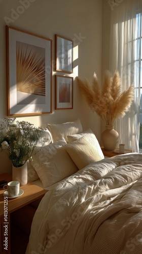 Cozy Bedroom With Decorated Walls and Soft Lighting in Warm Tones During Morn...