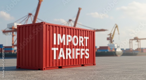 Red shipping container reads import tariffs in front of a port.
