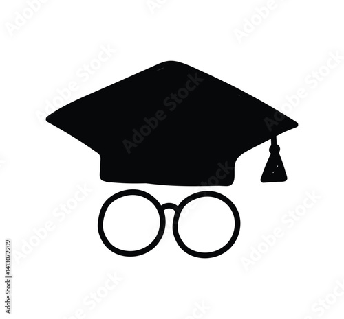 A graduation cap with a tassel is positioned above a pair of round glasses, representing academic success and the transition into adulthood during a graduation ceremony.