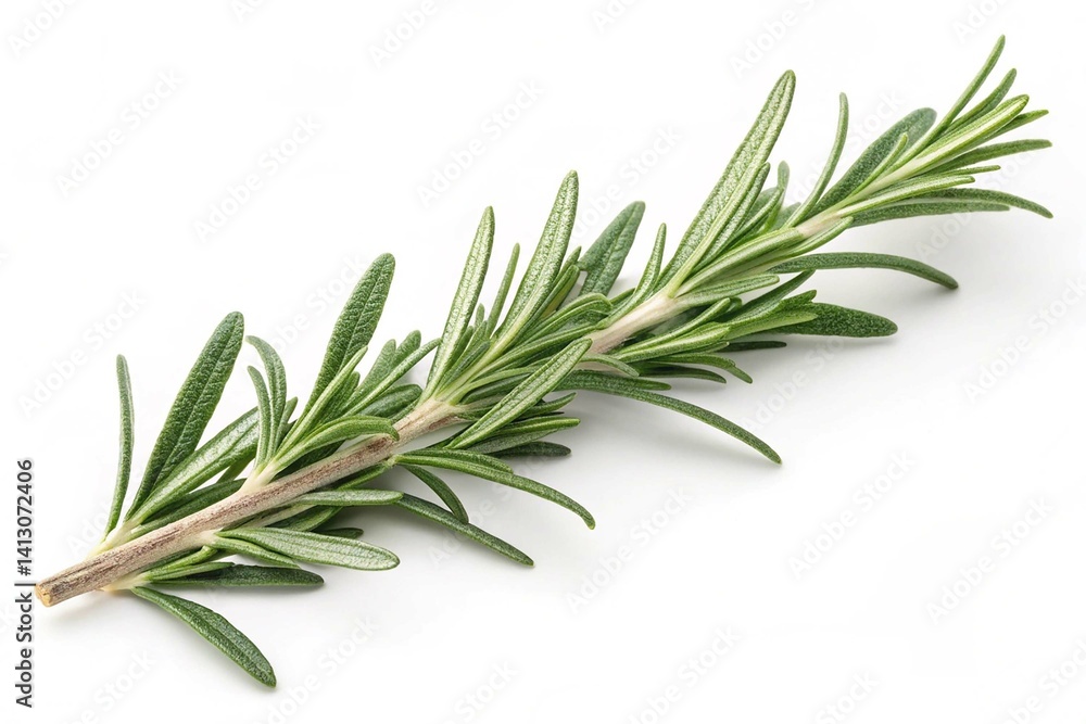 Fototapeta premium Fresh Rosemary Sprigs Isolated on White Background Culinary Herb Aromatic Plant Cooking Ingredient Natural Flavoring Mediterranean Cuisine Herbal Remedy Fragrant Leaves Green Foliage